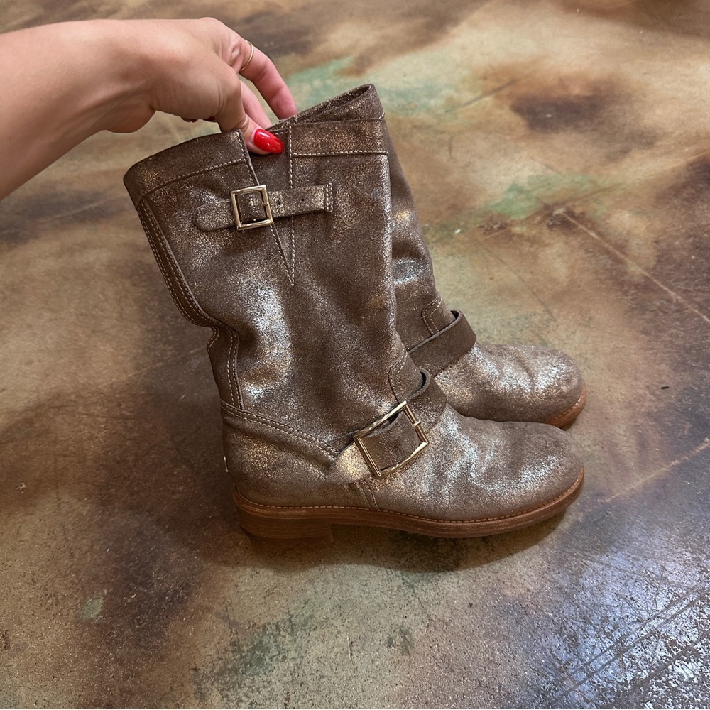 JIMMY CHOO gold metallic leather 36 US 6 buckled 'Youth' BIKER shimmer